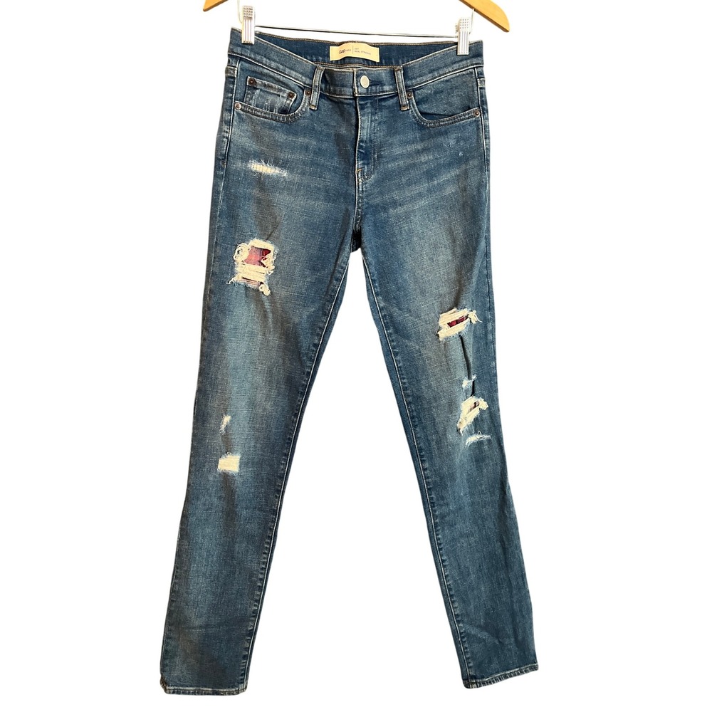Gap 1969 Real Straight Jeans Distressed Blue Plaid Lined Pockets Size 28 Tall